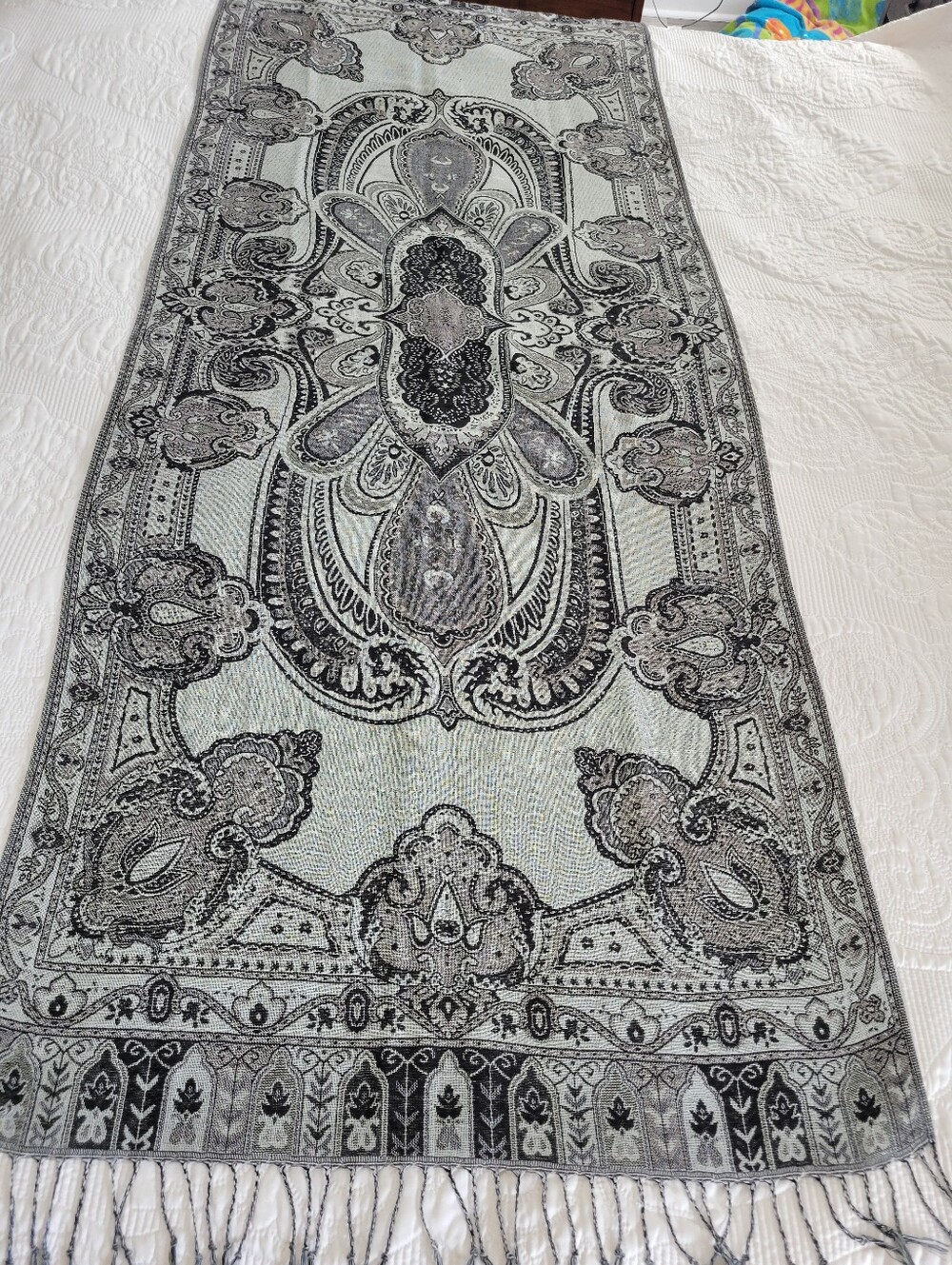 Beautiful Pasimina Silk Long Scarf 28X68 Black and Grey Paisley -
